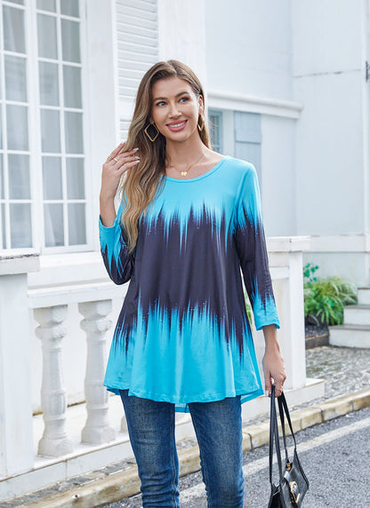 Women's Plus Size Blue Ombre Tie-Dye Tunic Top – 3/4 Sleeve Swing Flare Blouse