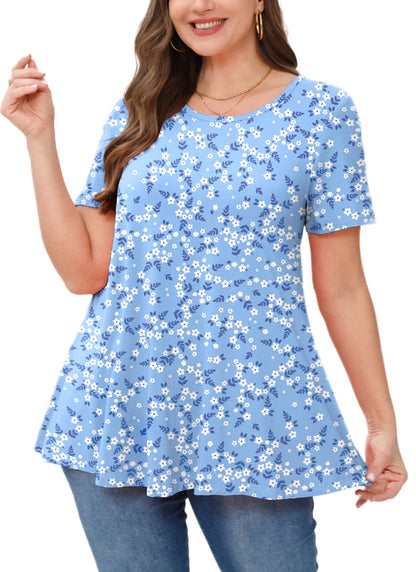 Light Blue Ditsy Floral Print Tunic Top – Women's Plus Size Short Sleeve Swing Blouse to Wear with Leggings