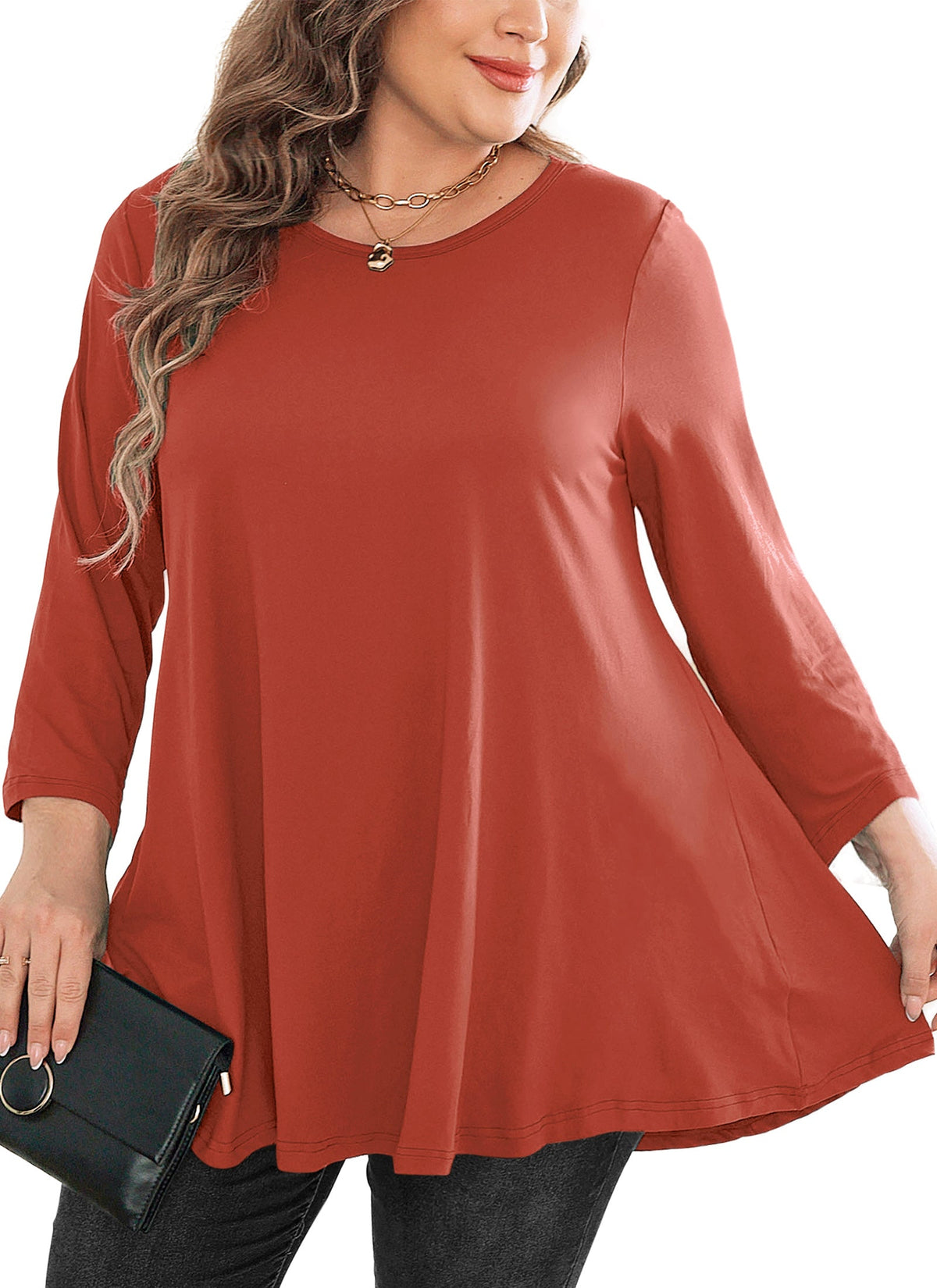 Women's Plus Size Tunic Top | 3/4 Sleeve Swing Blouse, Flowy Loose Fit, Wear with Leggings – Burnt Orange, L to 6XL