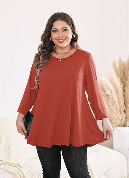 Women's Plus Size Tunic Top | 3/4 Sleeve Swing Blouse, Flowy Loose Fit, Wear with Leggings – Burnt Orange, L to 6XL
