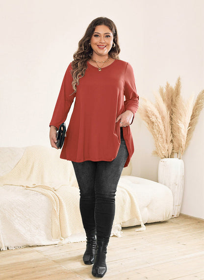 Women's Plus Size Tunic Top | 3/4 Sleeve Swing Blouse, Flowy Loose Fit, Wear with Leggings – Burnt Orange, L to 6XL