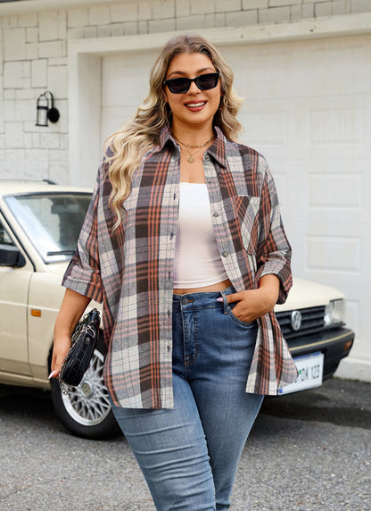Women's Plus Size Brown Plaid Flannel Shirt | Long Sleeve Button Down