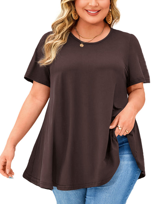 Dark Brown Short Sleeve Swing Tunic Top – Women's Plus Size Crew Neck Flowy Blouse to Wear with Leggings (S–7XL)