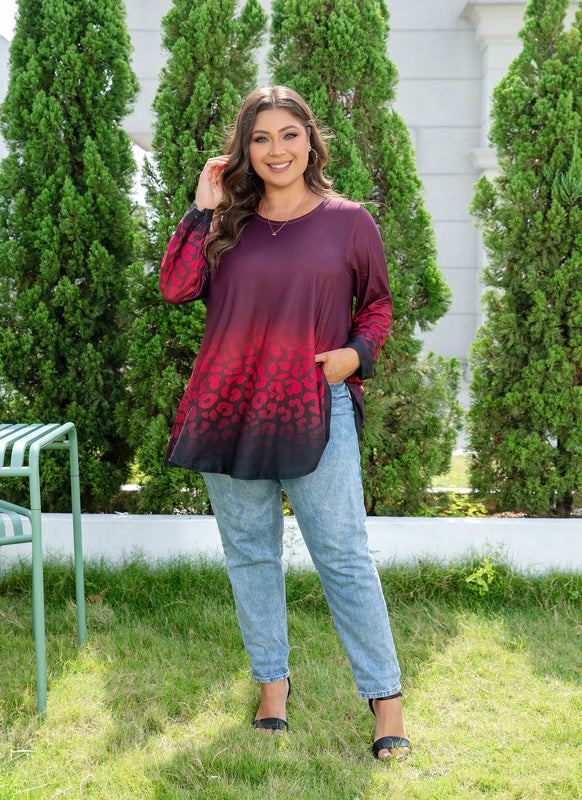 Women's Plus Size Red & Black Tunic Top – 3/4 Sleeve Swing Flare Blouse