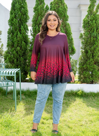 Women's Plus Size Red & Black Tunic Top – 3/4 Sleeve Swing Flare Blouse