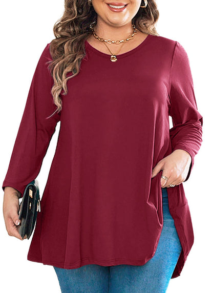 Women's Plus Size Burgundy Tunic Top | Long Sleeve Swing Blouse, Hi-Low Hem, Flowy Fit, Wear with Leggings – L to 6XL