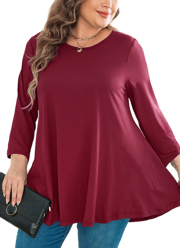 Women's Plus Size Burgundy Tunic Top | Long Sleeve Swing Blouse, Hi-Low Hem, Flowy Fit, Wear with Leggings – L to 6XL