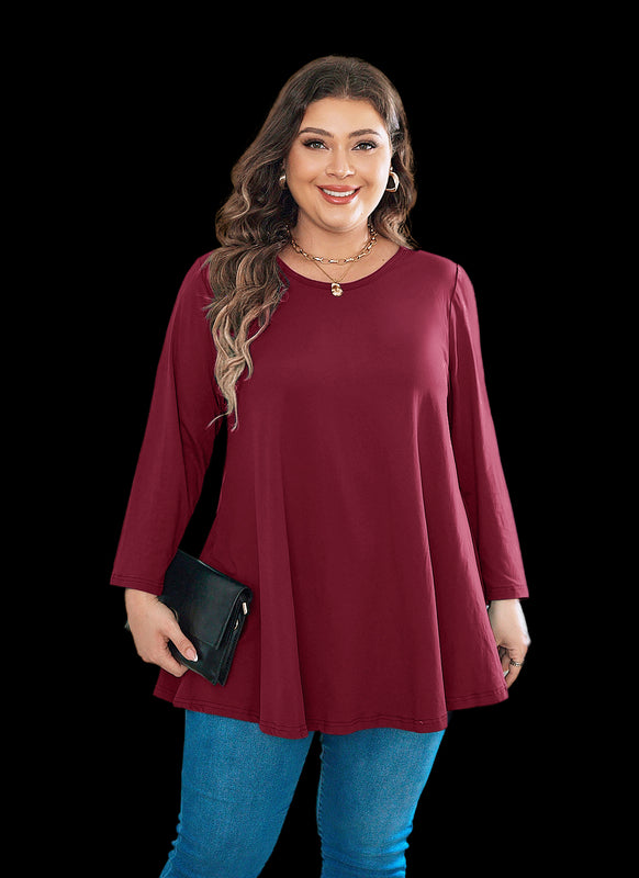 Women's Plus Size Burgundy Tunic Top | Long Sleeve Swing Blouse, Hi-Low Hem, Flowy Fit, Wear with Leggings – L to 6XL