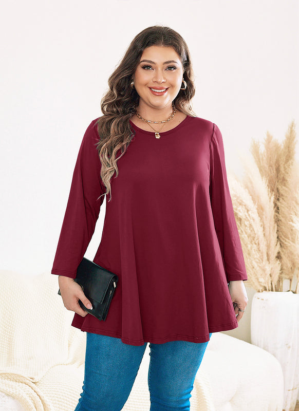 Women's Plus Size Burgundy Tunic Top | Long Sleeve Swing Blouse, Hi-Low Hem, Flowy Fit, Wear with Leggings – L to 6XL
