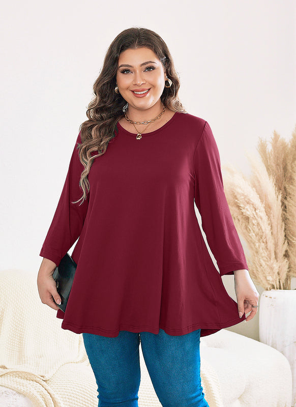 Women's Plus Size Burgundy Tunic Top | Long Sleeve Swing Blouse, Hi-Low Hem, Flowy Fit, Wear with Leggings – L to 6XL