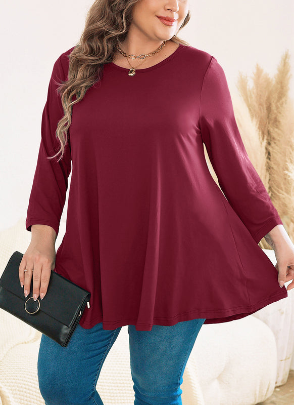 Women's Plus Size Burgundy Tunic Top | Long Sleeve Swing Blouse, Hi-Low Hem, Flowy Fit, Wear with Leggings – L to 6XL