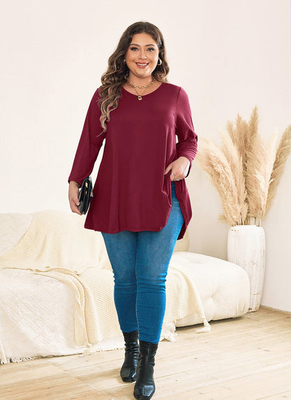 Women's Plus Size Burgundy Tunic Top | Long Sleeve Swing Blouse, Hi-Low Hem, Flowy Fit, Wear with Leggings – L to 6XL