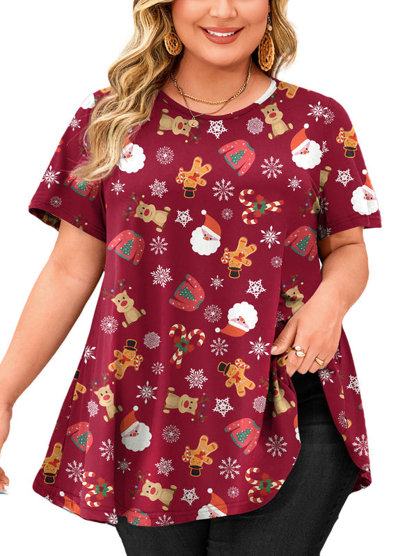 Women's Burgundy Christmas Swing Tunic Top – Short Sleeve, Plus Size