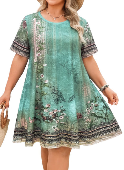 Women's Plus Size Sage Green Boho Floral T-Shirt Dress | Short Sleeve