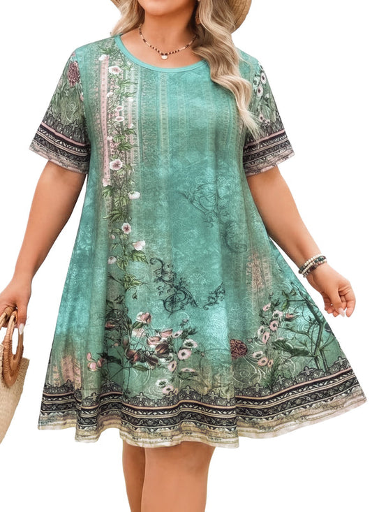 Women's Plus Size Sage Green Boho Floral T-Shirt Dress | Short Sleeve