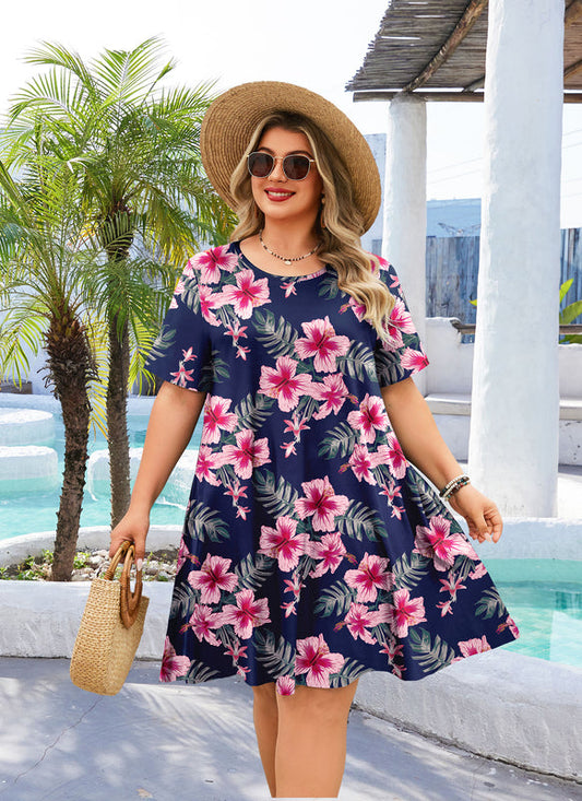 Women's Plus Size Navy Blue Pink Floral T-Shirt Dress | Short Sleeve