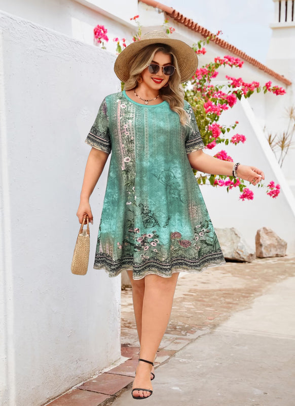 Women's Plus Size Sage Green Boho Floral T-Shirt Dress | Short Sleeve