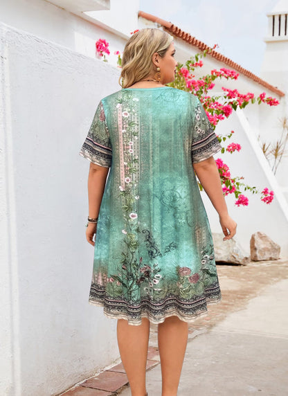 Women's Plus Size Sage Green Boho Floral T-Shirt Dress | Short Sleeve