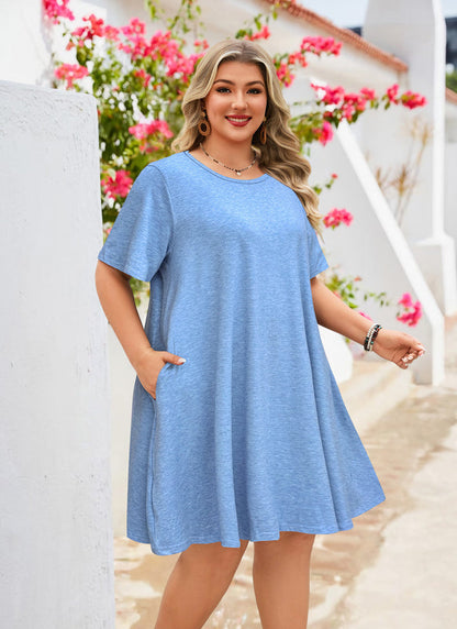 Women's Plus Size Blue T-Shirt Dress | Short Sleeve Swing Dress