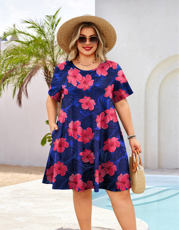 Women's Plus Size Royal Blue Floral T-Shirt Dress | Short Sleeve