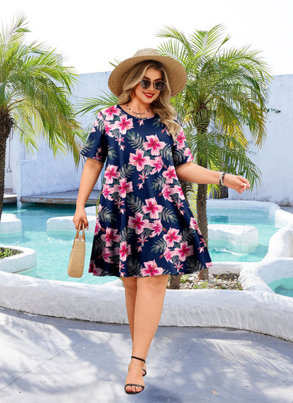 Women's Plus Size Navy Blue Pink Floral T-Shirt Dress | Short Sleeve