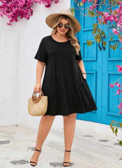 Women's Plus Size Black T-Shirt Dress | Short Sleeve Swing Dress