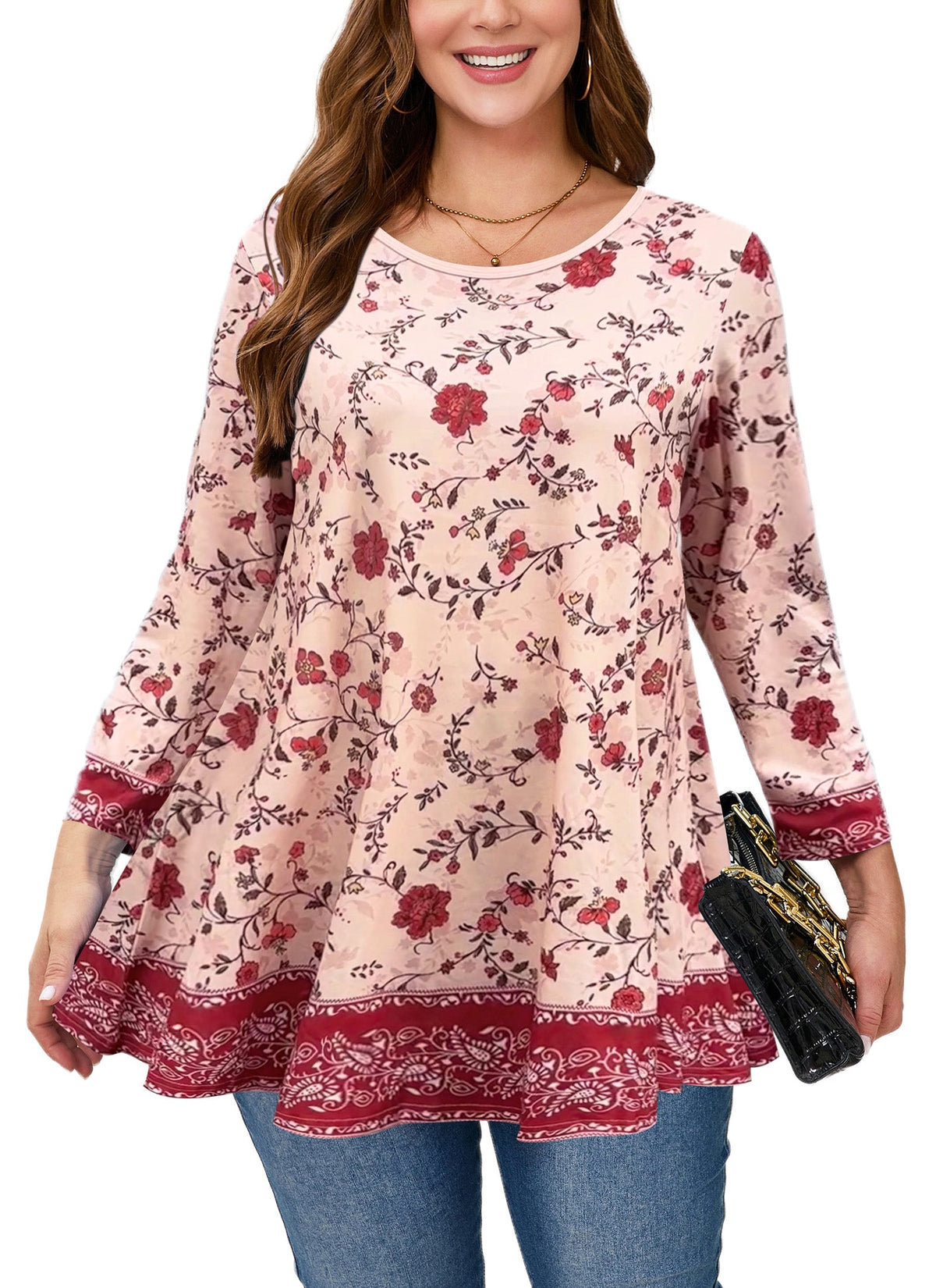 Women's Plus Size Red & Pink Floral Tunic Top – 3/4 Sleeve Swing Flare Blouse