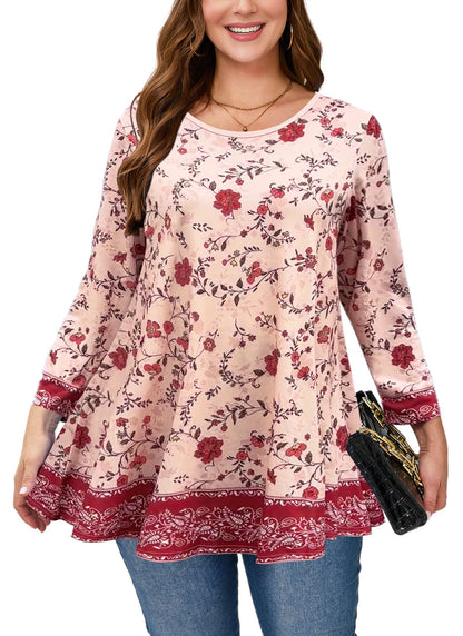Women's Plus Size Red & Pink Floral Tunic Top – 3/4 Sleeve Swing Flare Blouse