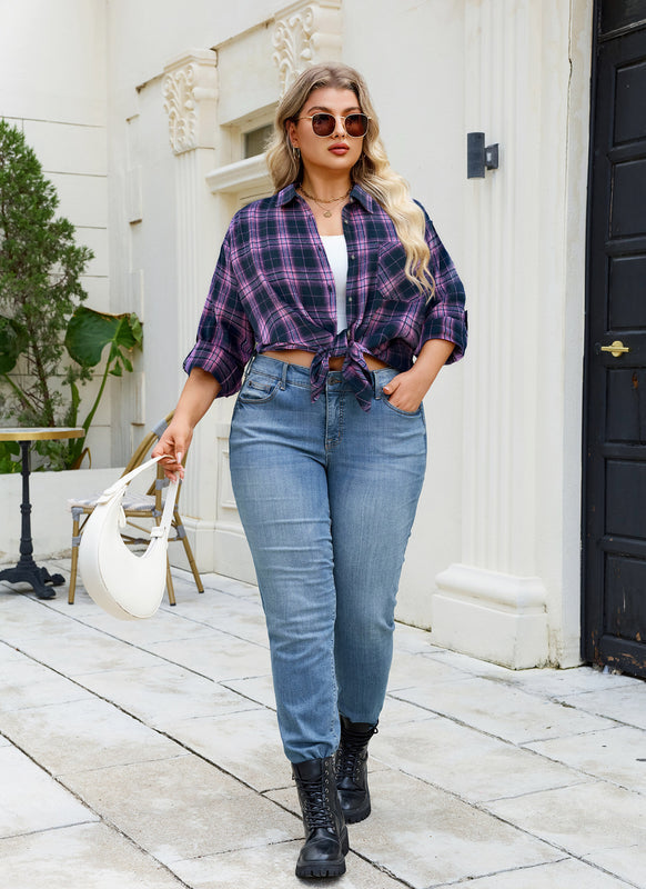 Women's Plus Size Pink Navy Plaid Flannel Shirt | Long Sleeve Button Down