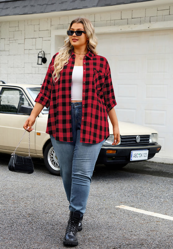 Women's Plus Size Red Plaid Flannel Shirt – Long Sleeve Button Down Boyfriend Blouse