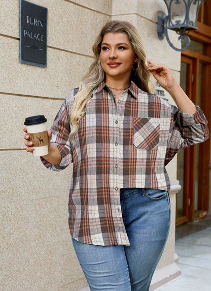 Women's Plus Size Brown Plaid Flannel Shirt | Long Sleeve Button Down