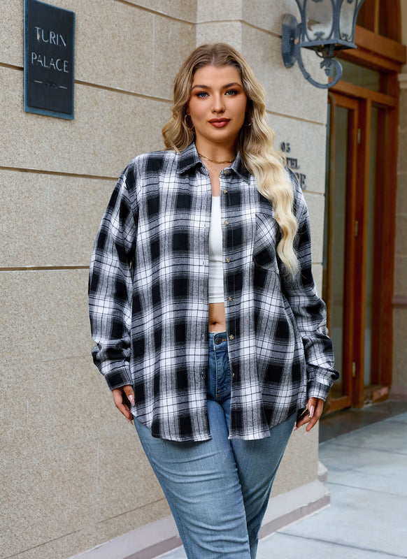 Women's Plus Size Black White Plaid Flannel Shirt | Long Sleeve Button Down