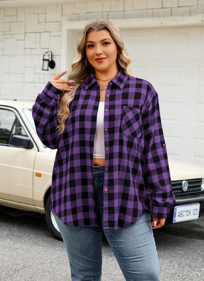Women's Plus Size Purple Plaid Flannel Shirt | Long Sleeve Button Down