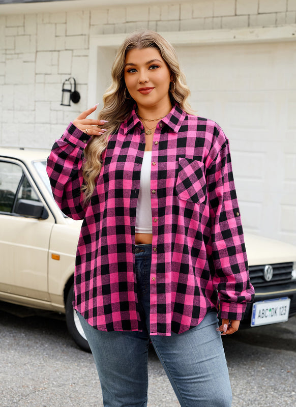 Women's Plus Size Hot Pink Plaid Flannel Shirt | Long Sleeve Button Down