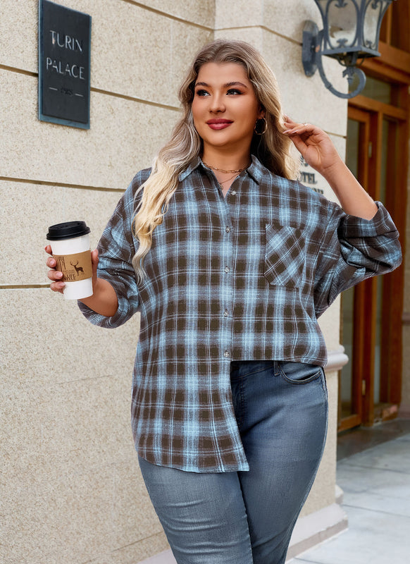 Women's Plus Size Brown Blue Plaid Flannel Shirt | Long Sleeve Button Down