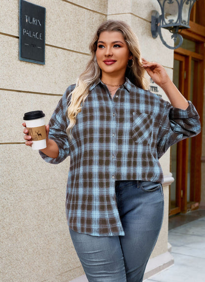Women's Plus Size Brown Blue Plaid Flannel Shirt | Long Sleeve Button Down