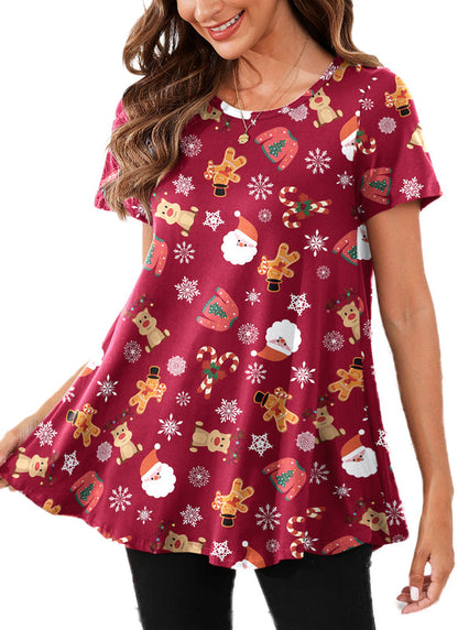 Women's Burgundy Christmas Swing Tunic Top – Short Sleeve, Plus Size