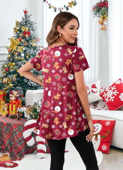 Women's Burgundy Christmas Swing Tunic Top – Short Sleeve, Plus Size