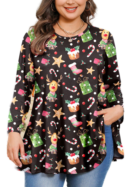 Christmas Reindeer & Holiday Print Tunic Top – Women's Plus Size Long Sleeve Swing Blouse  in Black (S–7XL)