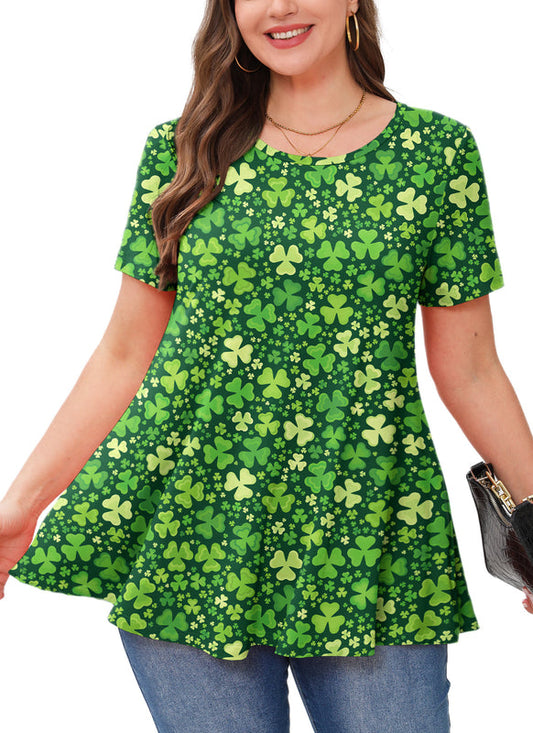 Green Shamrock Clover Print Tunic Top – Women's Plus Size Short Sleeve Swing Blouse to Wear with Leggings (S–7XL)