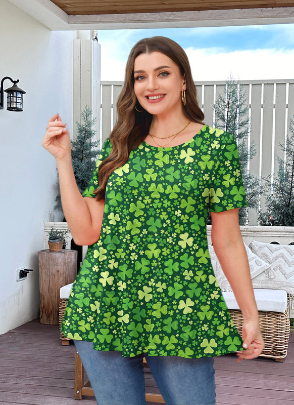 Green Shamrock Clover Print Tunic Top – Women's Plus Size Short Sleeve Swing Blouse to Wear with Leggings (S–7XL)