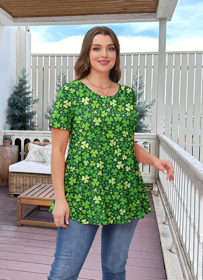 Green Shamrock Clover Print Tunic Top – Women's Plus Size Short Sleeve Swing Blouse to Wear with Leggings (S–7XL)