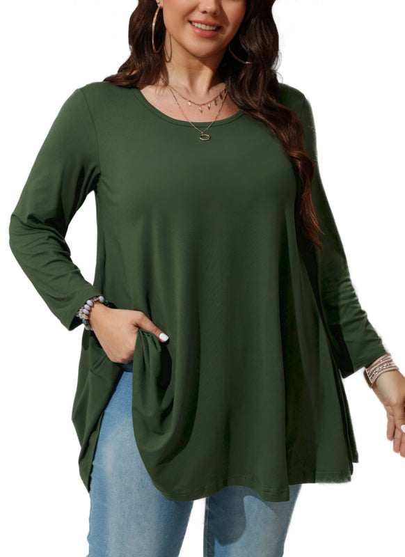 Women's Plus Size Army Green Tunic Top | 3/4 Sleeve Swing Blouse with Pockets, Hi-Low Hem, Wear with Leggings – L to 6XL