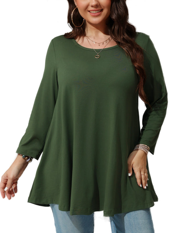 Women's Plus Size Army Green Tunic Top | 3/4 Sleeve Swing Blouse with Pockets, Hi-Low Hem, Wear with Leggings – L to 6XL
