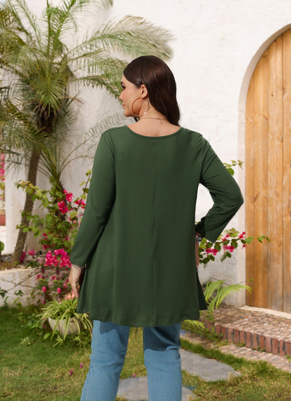 Women's Plus Size Army Green Tunic Top | 3/4 Sleeve Swing Blouse with Pockets, Hi-Low Hem, Wear with Leggings – L to 6XL