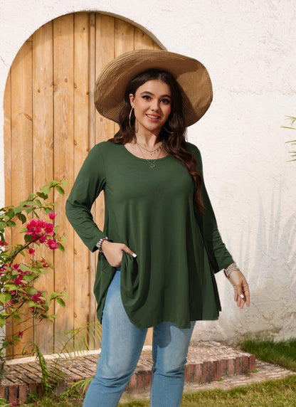 Women's Plus Size Army Green Tunic Top | 3/4 Sleeve Swing Blouse with Pockets, Hi-Low Hem, Wear with Leggings – L to 6XL
