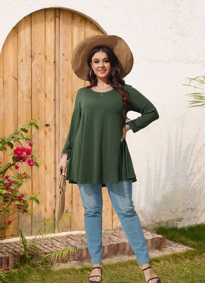 Women's Plus Size Army Green Tunic Top | 3/4 Sleeve Swing Blouse with Pockets, Hi-Low Hem, Wear with Leggings – L to 6XL