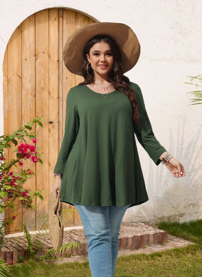 Women's Plus Size Army Green Tunic Top | 3/4 Sleeve Swing Blouse with Pockets, Hi-Low Hem, Wear with Leggings – L to 6XL