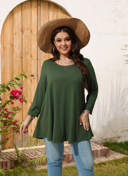 Women's Plus Size Army Green Tunic Top | 3/4 Sleeve Swing Blouse with Pockets, Hi-Low Hem, Wear with Leggings – L to 6XL
