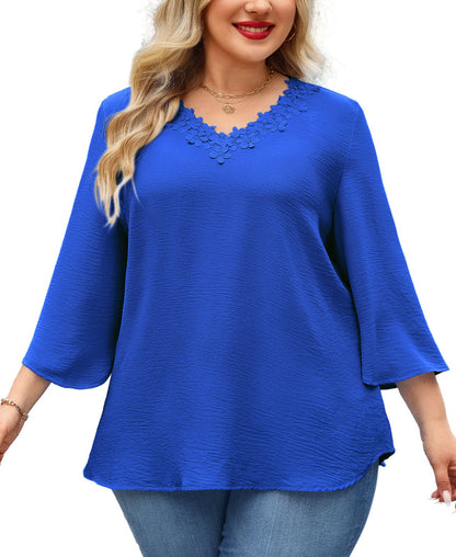 Women's Plus Size Royal Blue Floral Trim V-Neck Blouse | 3/4 Sleeve Tunic Top